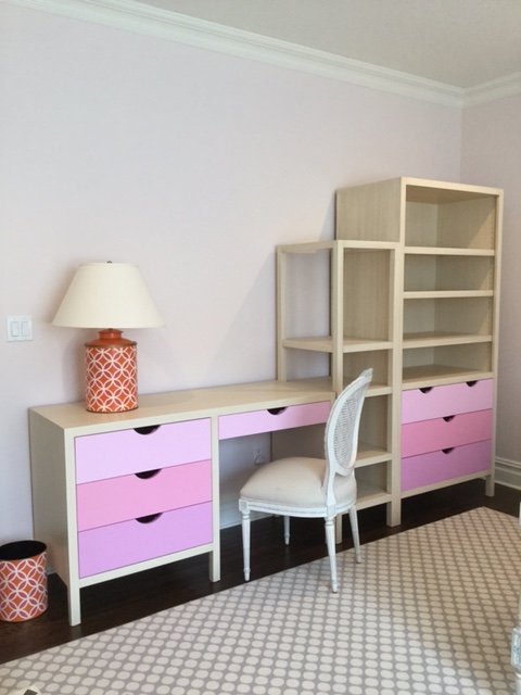 Ombre Painted Custom Office Cabinets Featuring Pull Out Drawers and Open Shelving from Kountry Kraft