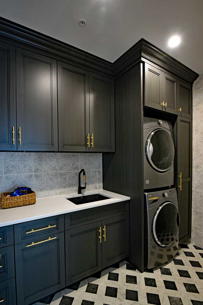 Laundry Room with Black Cabinetry Transitional Style Laundry Room with Black Cabinetry