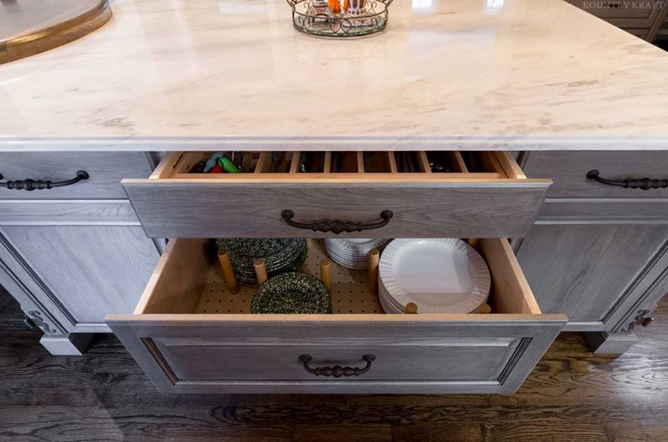 Cabinet Storage Ideas for Drawers with Plates Kountry kraft cabinet storage ideas include drawers with plate organizers to avoid broken or cracked dishes
