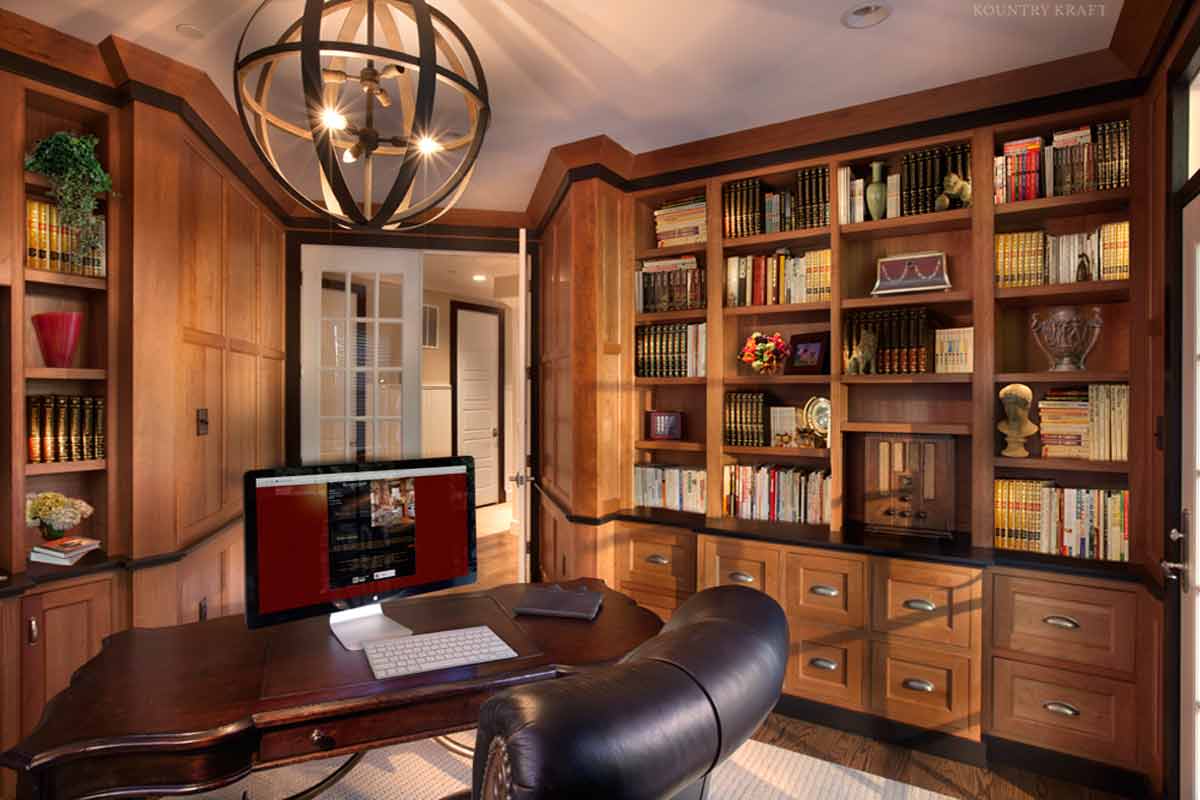 Home Office with Custom Built Shelves Home Office with Custom Built In Bookshelves and Cabinet Drawers