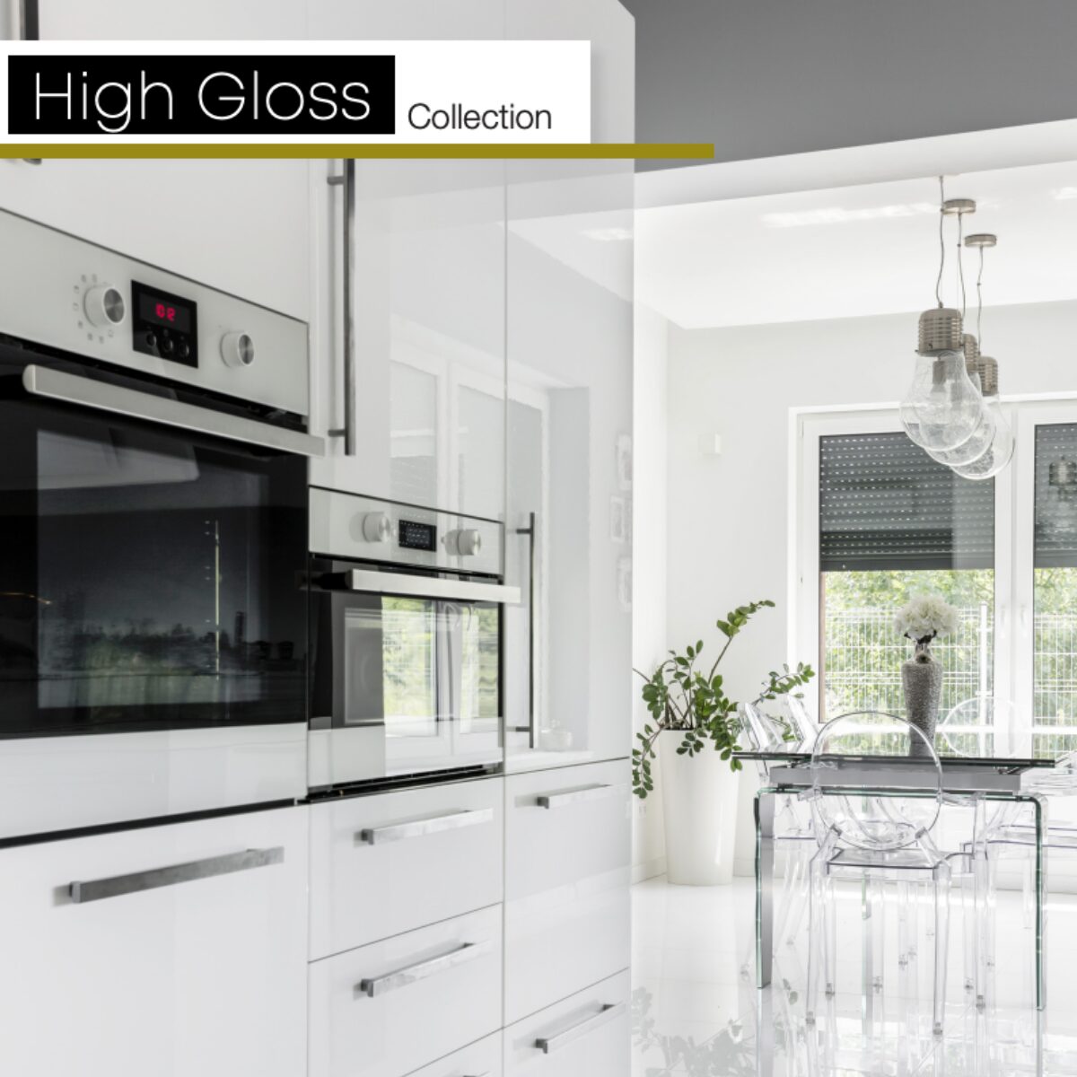 A white kitchen with high gloss cabinetry by Kountry Kraft Cabinetry.