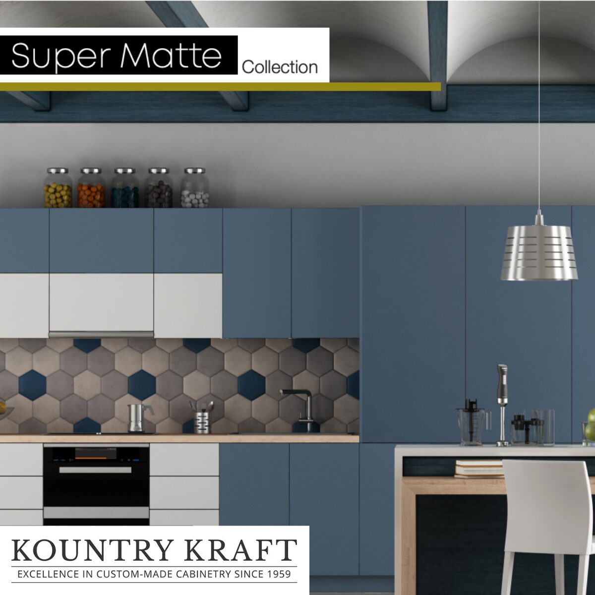 Gray super matte cabinets by Kountry Kraft Cabinetry.