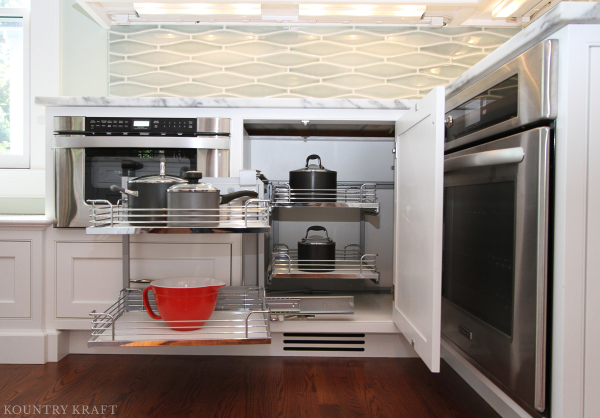 Corner Cabinet Space Solutions by Kountry Kraft Cabinetry Pull Out Shelving in Pantry