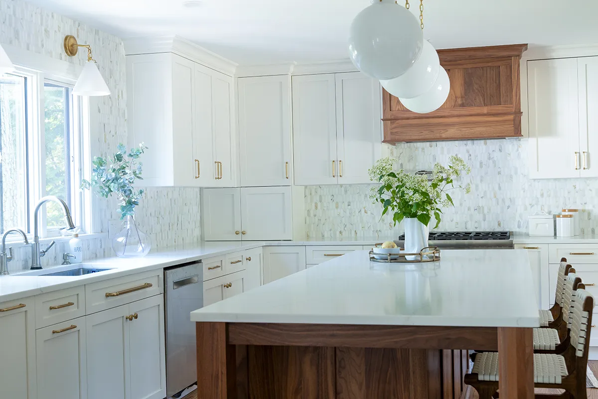 Elegant Island and Tall White Dove Cabinetry