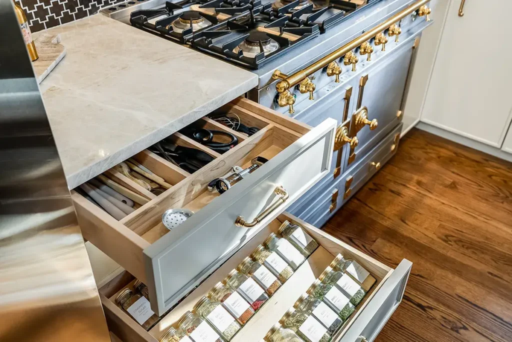 Functional Drawers and Cohesive Gold Accents